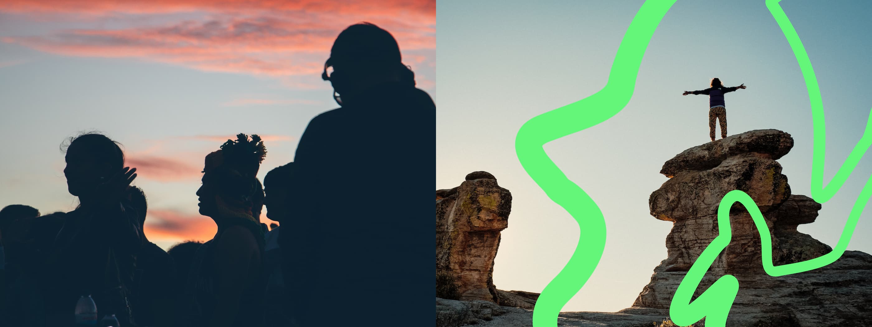 A runner with curly brown hair in a ponytail wearing a pink sweatshirt crosses a boardwalk bridge in front of towering rocky peaks.
